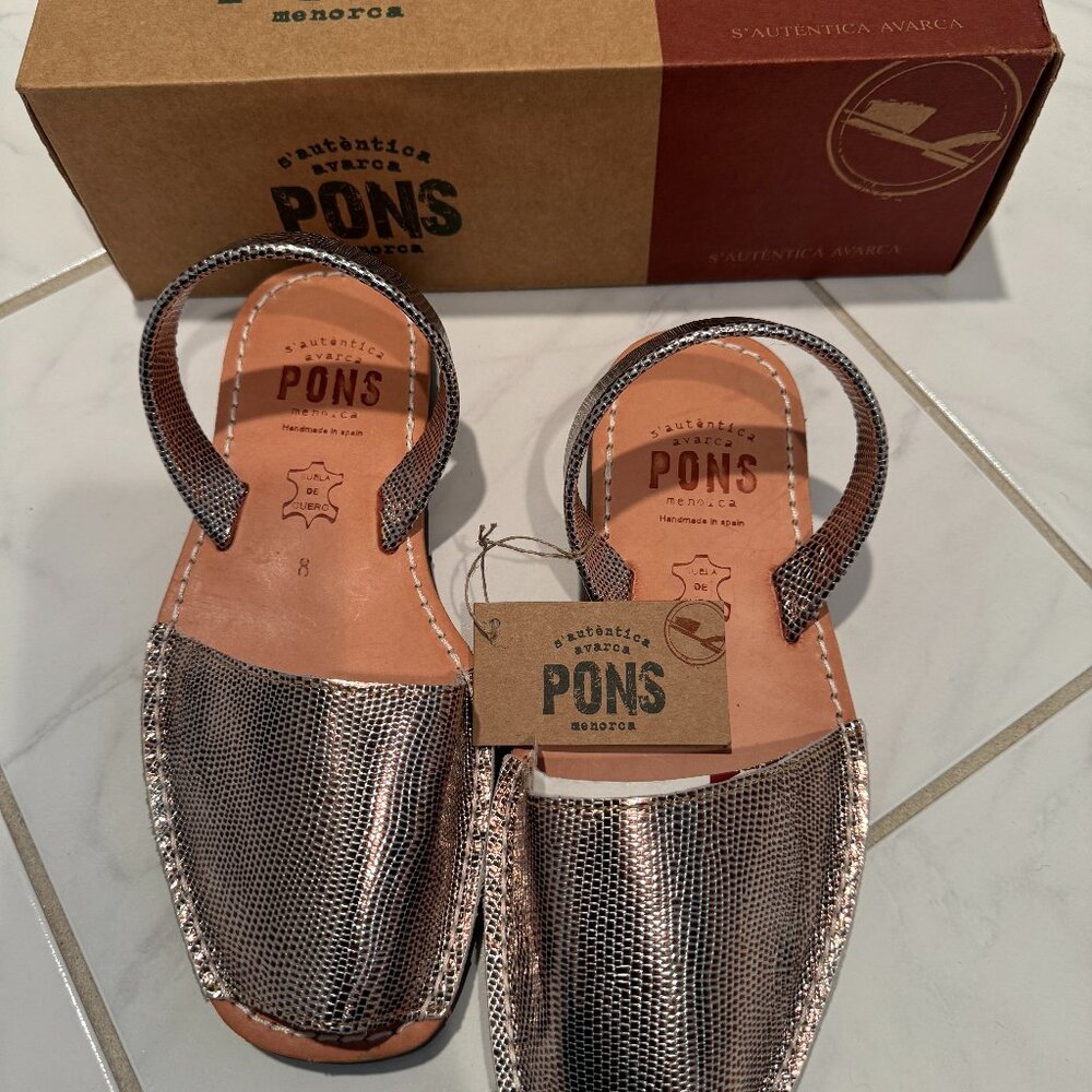 NWT PONS Avarca Spanish Leather Metallic color Sandals/Slides w Classic Strap, 8